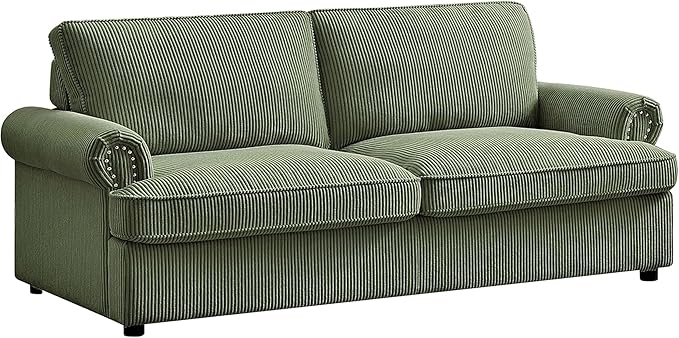 Reversible Sleeper Sofa Bed with Comfortable Memory Foam Mattress, Convertible Corduroy Full Size Pull Out Couch for Living Room, Space Saving Furniture, 76" Wide, Rounded Arms, Dark Green