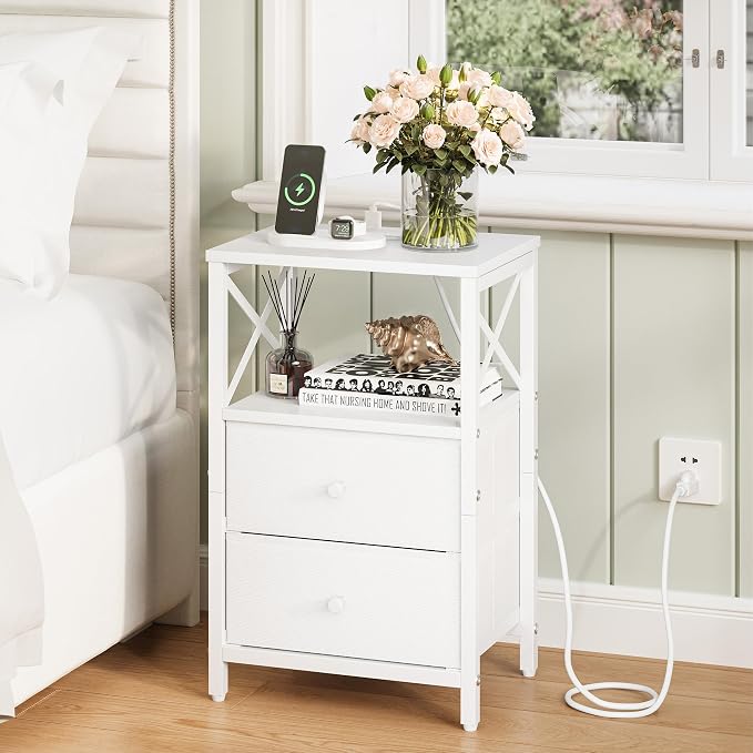 Nightstand Set of 2, Nightstands with Charging Station, Small Bedside Table with Storage Shelf, End Table with USB Ports & Outlets, with Fabric Drawers, for Couch, Bedroom(White) LET105W-2 - Image 2