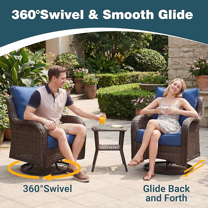Patio Furniture Set, 5PCS Outdoor Wicker Conversation Set with 6" Thick Cushions, High Back Swivel Rocker Chairs, Weather Resistant Olefin Fabric for Garden, Poolside, Navy Blue