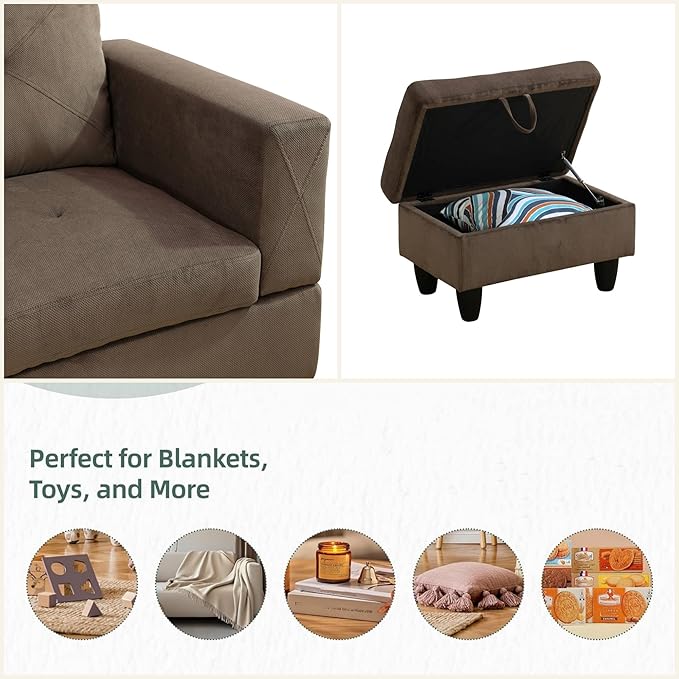 FONTOI L Shaped Sectional Couch Sofa, Modern Couches for Living Room, Comfy 4 Seat Modular Sectional Sofa with Ottoman Storage for Bedroom Apartment, Brown