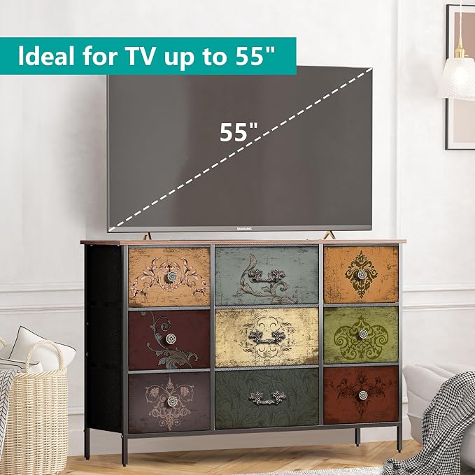 VASICAR Dresser for Bedroom with 9 Deep Fabric Drawers, Wide TV Stand Storage Cabinet, Colorful Chest of Drawers for Closet, Nursery, Entryway, Hallway - Image 6