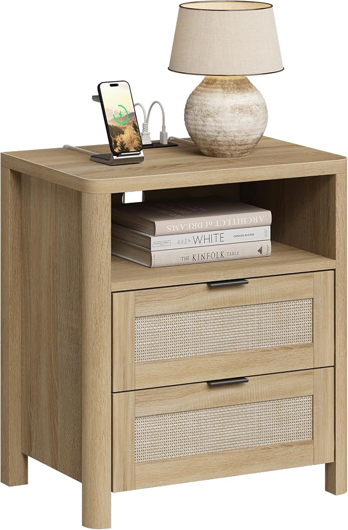MECHYIN Rattan Nightstand with Charging Station, 23'' Large Boho Bedside Table with 2 Drawers and Type-C Port, Mid-Century Modern End Table for Bedroom, Living Room, Side Table by MECHYIN