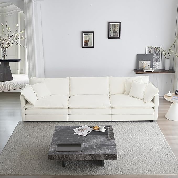 KEIKI Combination Sofa, Upholstered 3 Seater Couch, Oversized Sectional Sofa with Reversible Ottoman for Living Room Bedroom Office, White