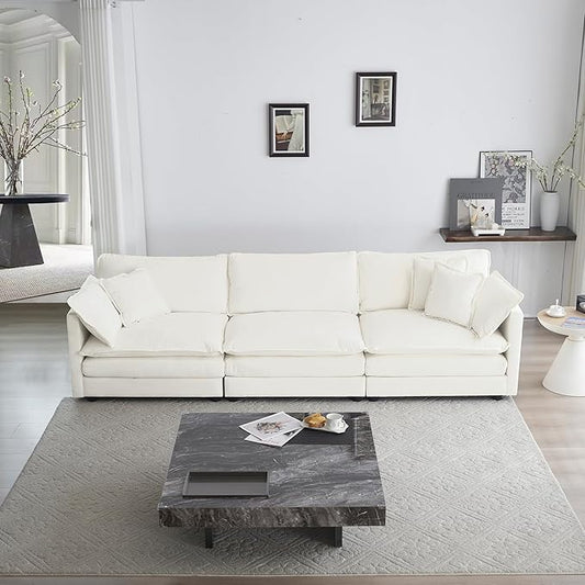 KEIKI Combination Sofa, Upholstered 3 Seater Couch, Oversized Sectional Sofa with Reversible Ottoman for Living Room Bedroom Office, White