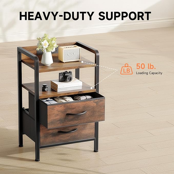 Lazzanto Night Stand Bedside Table Bedroom - Nightstand with Charging Station, Night Stand with LED Light Strip, End Table with U-S-B Ports & AC Outlets, Storage Shelf & 2 Fabric Drawers, Rustic Brown - Image 7