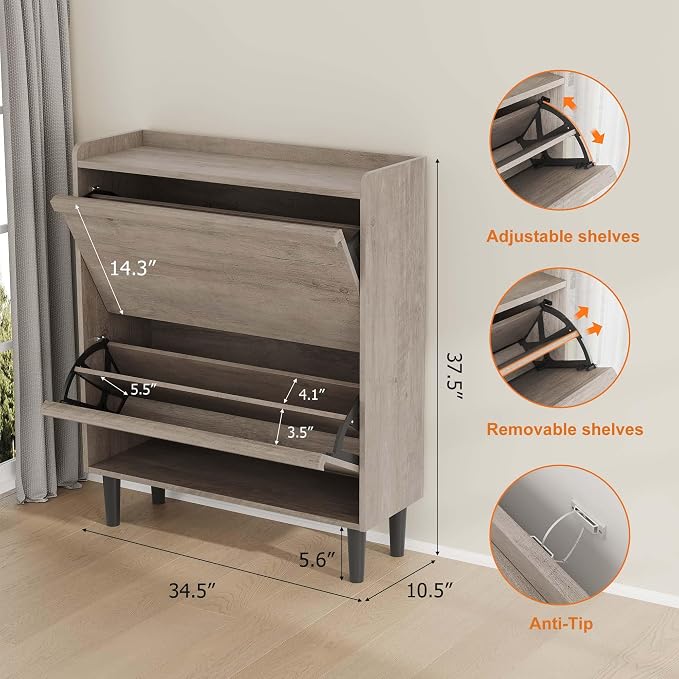 GarveeHome Shoe Cabinet with 2 Flip Drawers, Wooden Shoe Organizer Cabinet with Adjustable Shelf, Shoe Storage for Entryway, Hidden Shoe Cabinet for Hallway, Living Room, Grey - Image 2