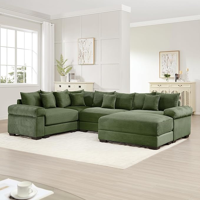 KEIKI 117" U-Shaped Oversized Corduroy Modular Cloud Sectional Sofa with 1 Ottoman, High-Density Foam Cushion, Extra-Thick Armrest, 4-Seater Fluffy Corner Couch with 14 Pillow, for Living Room, Green