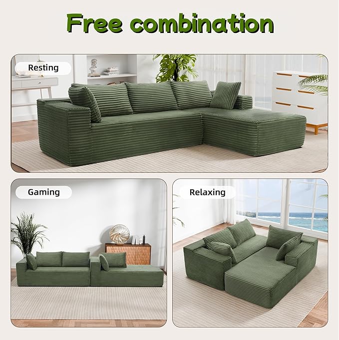 Cloud Sectional Couch, 105” Fluffy Modular L-Shape Sofa with Left Chaise Lounge, Modular Sectional Sofa in a Box, Boneless Couch for Living Room, No Assembly Required, Flannel Green