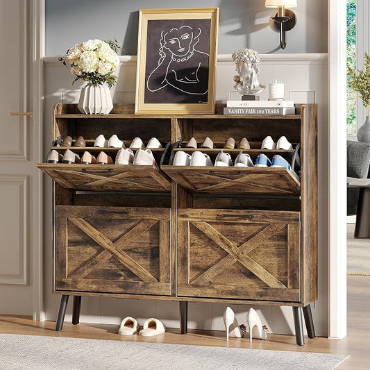 Maupvit Large Shoe Storage Cabinet with 4 Flip Drawers, Narrow Shoe Cabinet for Entryway with Wooden Legs, Freestanding Hidden Shoe Rack Organizer ＆ Metal Hinges, Rustic Brown by MaupvitFurniture