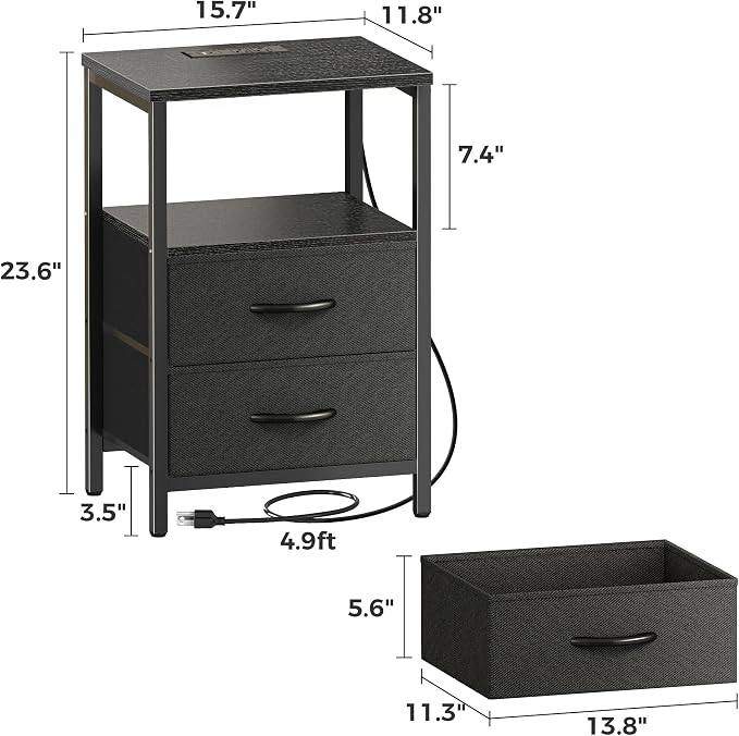 Huuger Nightstands Set of 2, End Tables with Charging Station, Side Tables with Fabric Drawers, Bedside Tables with USB Ports and Outlets, Night Stands for Bedroom, Black - Image 3