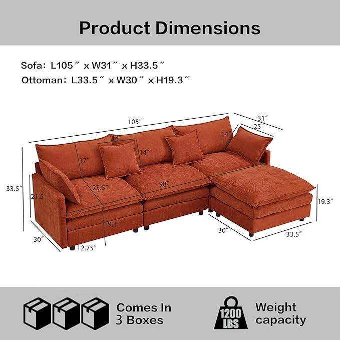 105" Oversized Modular Cloud Sectional Sofa Free Convertible L-Shaped Corner Sectional with Movable Ottoman, Chenille Upholstered Multiple Cushions Cloud Sofa Couches | Easy to Assemble