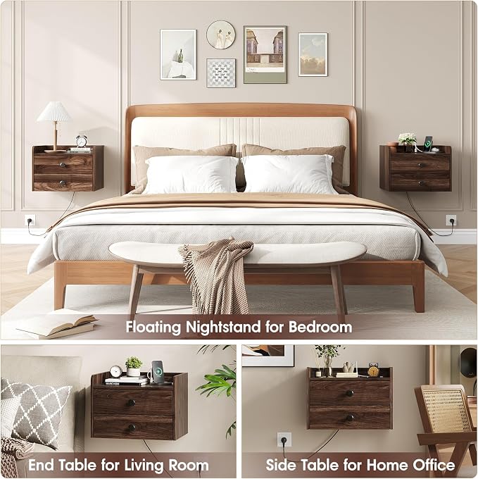 Floating Nightstand Set of 2 with 2 Storage Drawers and Charging Station Wood Wall Mounted Bedside End Table Modern Night Stands Set 2 for Bedroom,Small Space,Brown Walnut - Image 7