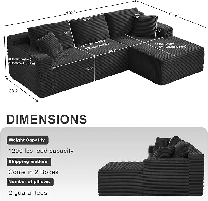 Casaphoria 103" Modular Sectional Sofa, L-Shape Sectional Cloud Couch with Chaise and Deep Seat,Upholstered Couches for Living Room Bedroom, No Assembly Required, Black