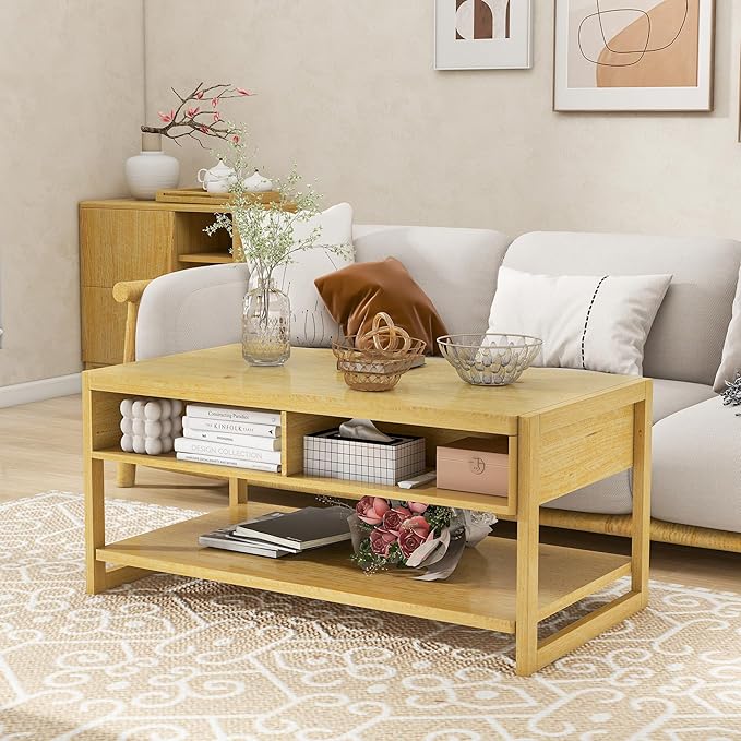 Solid Wood Coffee Table with Storage Living Room Table with 2 Drawers Shelf & Reinforced Legs
