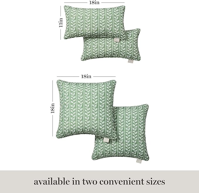 Martha Stewart Vineyard Vines Indoor Outdoor Decorative Pillow 2-Pack Set, UV Fade Resistant, Water Repellent, Printed Garden Design, Green, 18"x18"