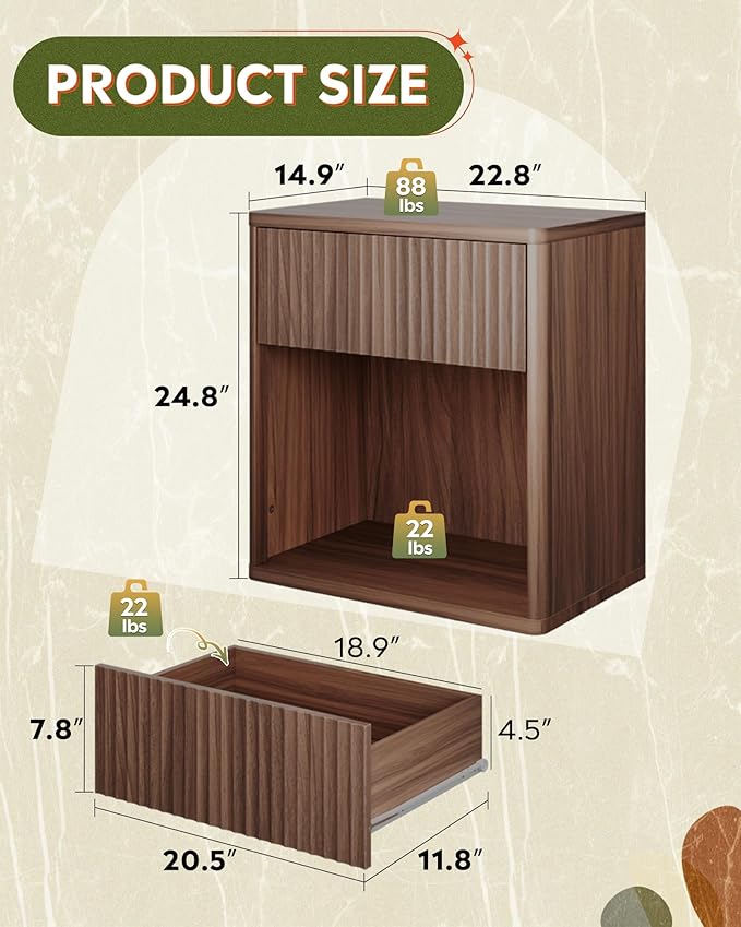 WLIVE Night Stand Set of 2, Wood Nightstand Sets with Storage Drawer and Open Shelf, Fluted Bedroom Nighstands, Mid Century Bed Side Table, End Tables Living Room, Dorm, Home Office, Carrocci Brown - Image 3