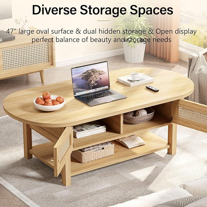 LVB Rattan Coffee Table, Boho Wood Living Room Table with Storage, Oval Modern 2-Tier Cocktail Tea Table with Doors & Open Shelf, Farmhouse Vintage Center Tables for Bedroom Office, Light Oak, 47In