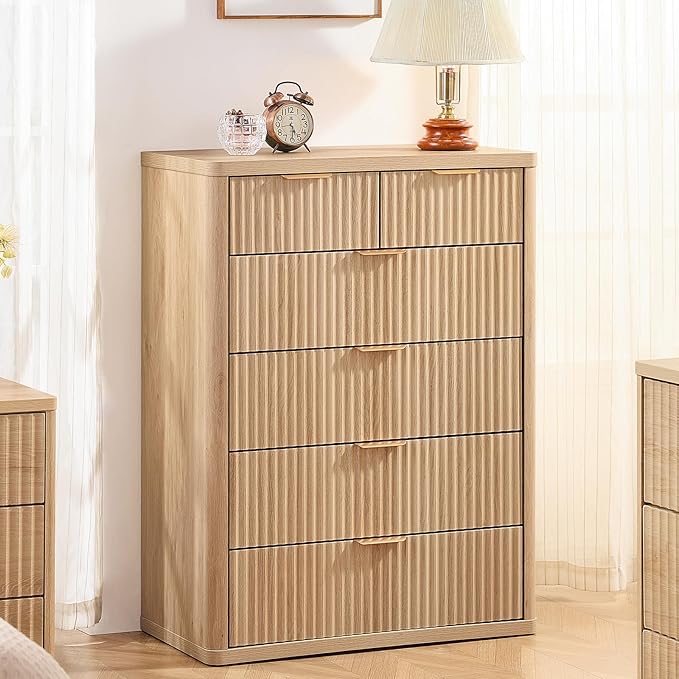 LEYAOYAO 42" Tall Fluted Dresser and 2 Drawers 23" Nightstand Set of 2, Wooden Dresser & Night Stand with Charging Station, 3 Piece Bedroom Furniture Set, Wood Chest of Drawer for Living Room,Natural