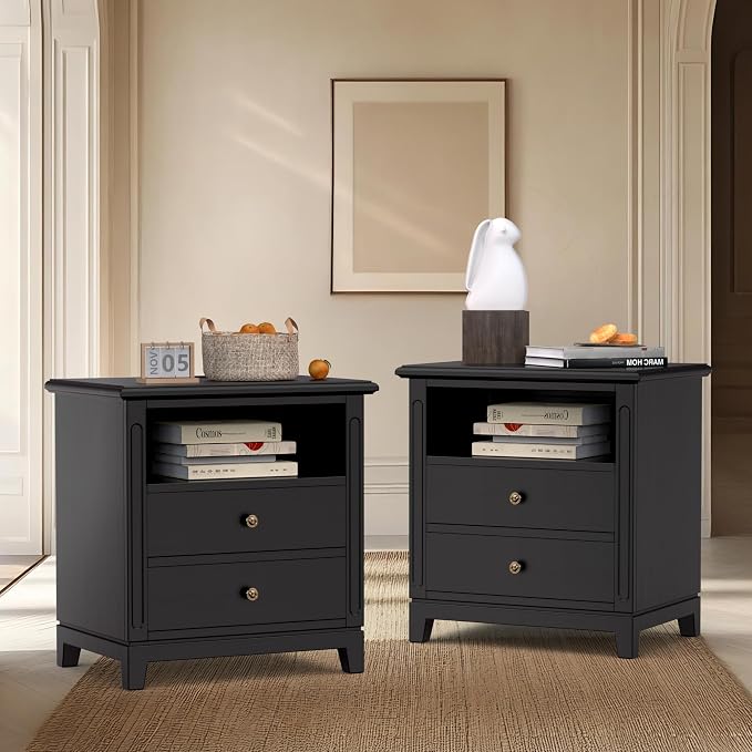 24" Wide Solid Wood Nightstand with Charging Station Set of 2, Farmhouse End Table with 2 Large Drawers & Open Shelf, Bedside Table with USB Ports and Outlets, Night Stand for Bedroom by Owipaw