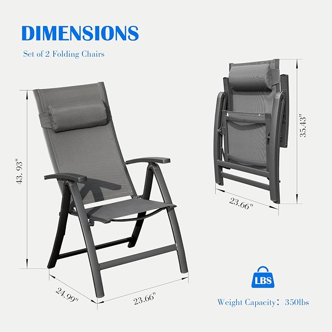 Domi Patio Folding Chairs Set of 2, Outdoor Reclining Chairs Set with Moveable Headrest, Aluminum Frame Outdoor Patio Portable Chairs with Adjustable High Backrest and Textilene Fabric Seat - Image 2