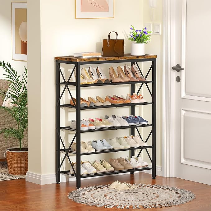 6-Tier Shoe Rack Organizer, Large Capacity Shoe Shelf with Metal Shelves, Holds up to 24 Pairs of Shoes, Shoe Storage for Entryway Closet Bedroom, Rustic Brown - Image 2
