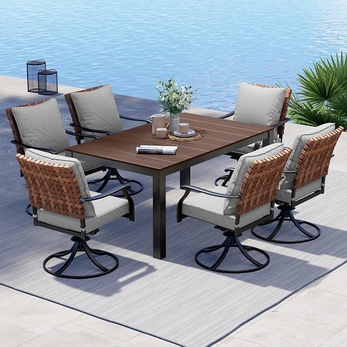 Grand patio 7-Piece Outdoor Dining Set, 6 Leather-Look Resin Wicker Swivel Patio Chairs & 1 Rectangular Woodgrain Dining Table, Brown by GrandPatio