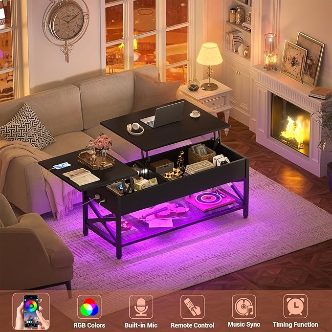 Coffee Table, Lift Top Coffee Table with Storage, LED Light & Power Outlet and Hidden Compartment, Retro Center Table for Living Room, X Support Wood Tabletop, Metal Frame,Black