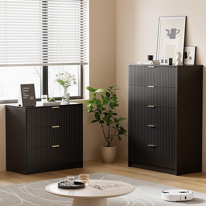 Furniway Black Dresser Bedroom Set 3 Pieces, Nightstands Sets of 2, 5 Drawer Dresser with Gold Handles for Bedroom
