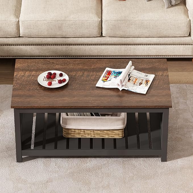 ChooChoo Coffee Table, Rustic Vintage Farmhouse Living Room Table with Shelf, 40 Black