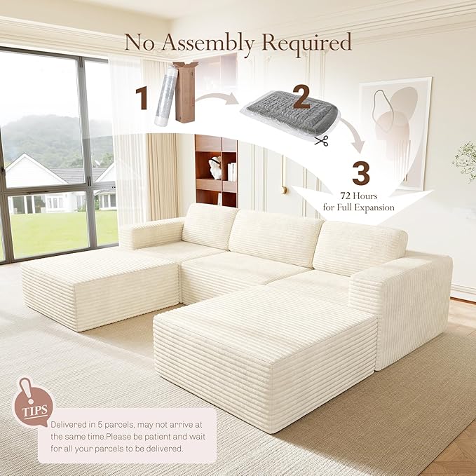 Vesgantti 119" Oversized U-Shaped Modular Sectional Sofa, Corduroy Cloud Couch with Deep Seating & Spring Support, Convertible Sofa with 2 Ottomans, Boneless Couch, No Assembly Required, Beige