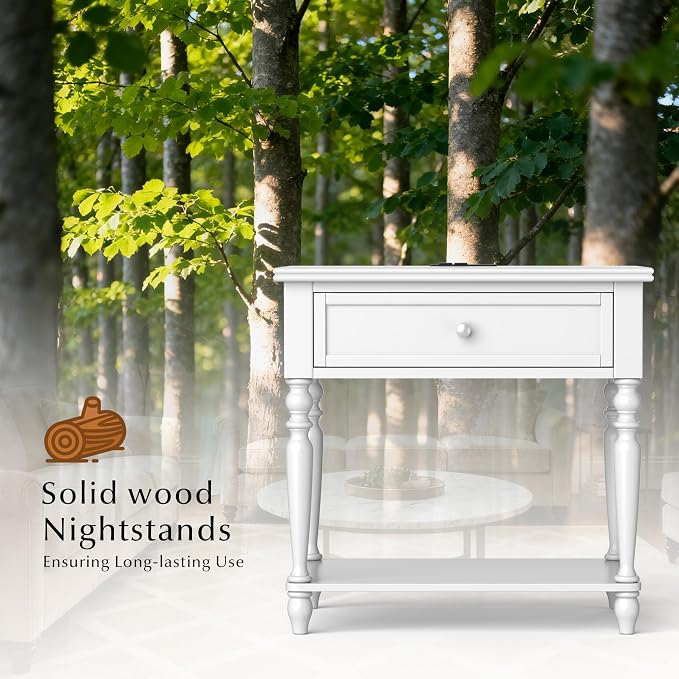 Solid Wood Nightstand with Charging Station, Traditional End Table with Drawers and Open Shelf, Bedside Table with Storage, Modern Side Table for Bedroom, White - Image 3