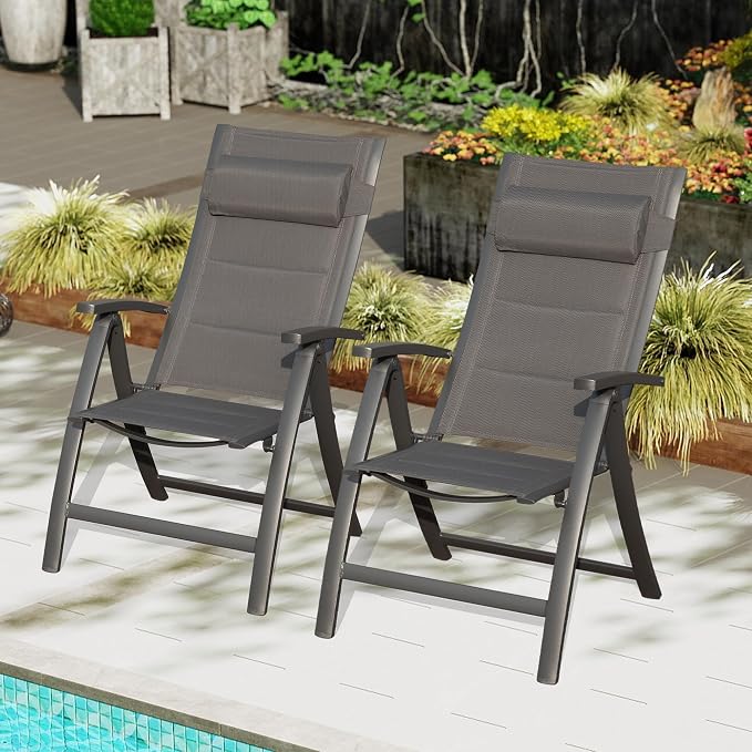 Domi Patio Folding Chairs Set of 2, Outdoor Reclining Chairs Set with Moveable Headrest, Aluminum Frame Outdoor Portable Chairs with Adjustable High Backrest and Padded Textilene Fabric Seat - Image 3