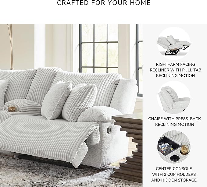 Signature Design by Ashley Top Tier Casual L-Shaped Left-Arm Facing 3-Piece Reclining Sectional Sofa with Chaise, Console Storage and 4 Accent Pillows, White