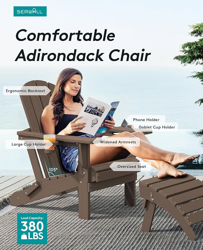 SERWALL Adirondack Chair with Cup Holders - Composite Adirondack Chairs Set of 2 HDPE Outdoor Chairs All Weather Use- Coffee - Image 4