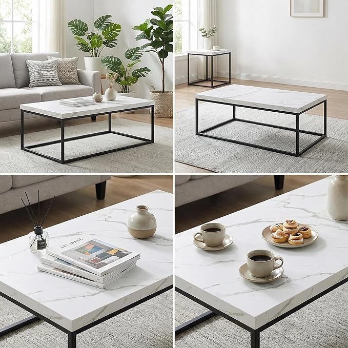 CENSI 47-Inch White Marble Coffee Table Ottoman Center Table for Living Room, Rectangle Modern Industrial Style,Wood and Metal (Marble)