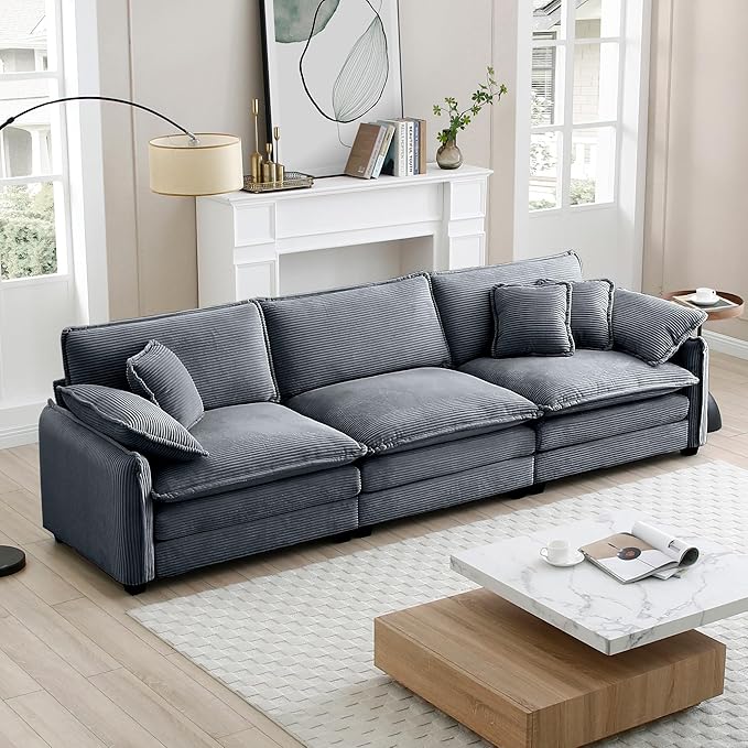 KEIKI 115" Oversized Corduroy Modular Sectional Cloud Sofa with High-Density Foam Cushions, Removable Armrests, Upholstered Modern 3-Seater Fluffy Corner Couch with 5 Pillow, for Living Room, Grey