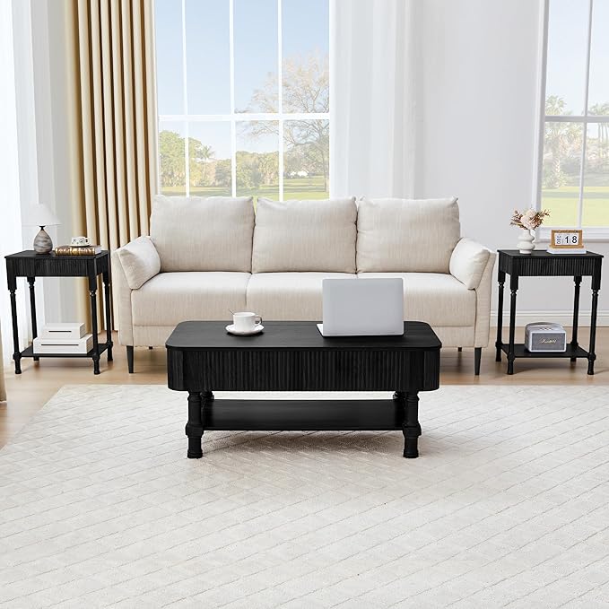 39”Large Lift Top Coffee Table with Hidden Storage Compartment,Fluted Coffee Tables Fully Assembled Wooden Center Table,Mid Century Modern Lift Tabletop Dining Table for Living Room Home Office,Black