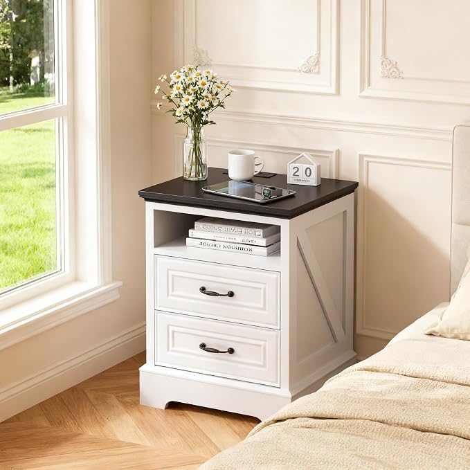 18" Nightstand with Charging Station, Farmhouse Night Stand, End Table with 2 Drawers Storage Cabinet Bedside Cabinet for Living Room and Bedroom,Wood Rustic - Image 8