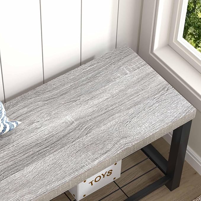 FOLUBAN Entryway Bench, Rustic Wood and Metal Shoe Storage Bench for Hallway Front Door Entrance, Industrial Indoor Bench for Bedroom Living Room, 43.3 Inch Light Grey - Image 7