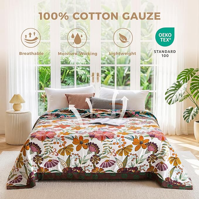 Boho Throw Blanket for Bed 100% Cotton Soft Breathable Quilt Floral Leaves Embroidery Home Decor Reversible Bed Spring Blankets,60"x80" All Season Twin Blankets for Sofa Couch Chair