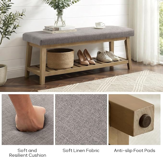 Entryway Bench with Cushion, Upholstered Shoe Rack Bench with Solid Wood Shelf, 44" End of Bed Bench for Bedroom, Chenille Fabric Storage Bench for Entryway, Hallway, Living Room (Grey) - Image 9