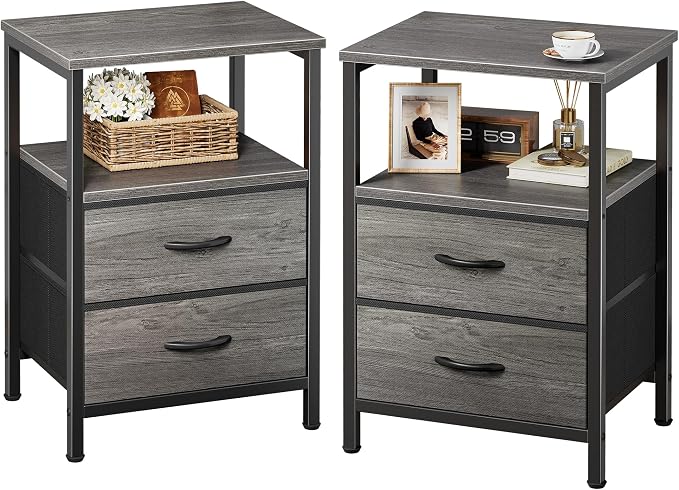 Huuger Night Stand Set of 2, Nightstand with 2 Drawers, Bed Side Table with Open Shelf, Wooden Top, End Table, Fabric Drawer, for Bedroom, Gery by Huuger