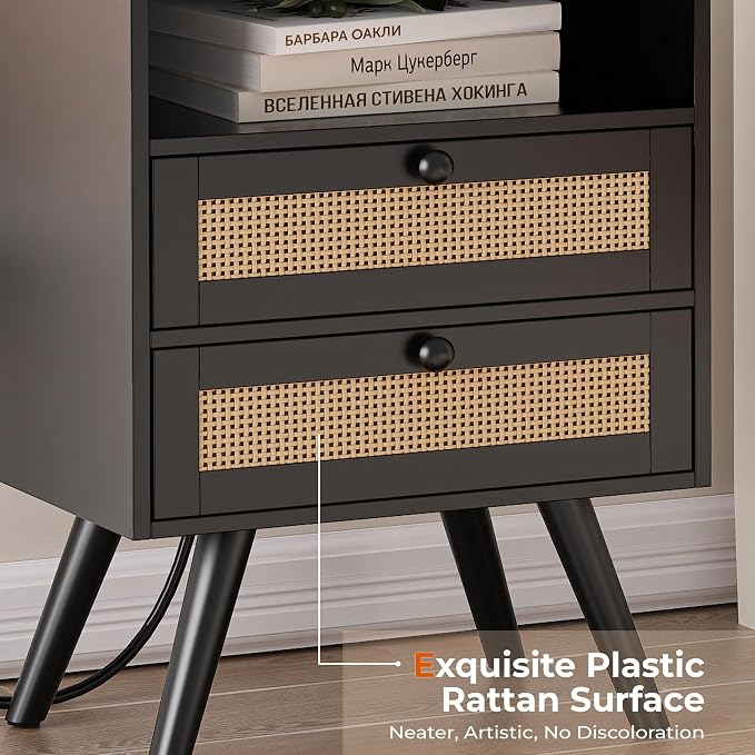 SUPERJARE 2 Drawer Night Stand with Charger Station, Boho Rattan Nightstand Set of 2, 25.2 Inch Tall Bed Side Table with Solid Wood Feet, End Table, Open Storage, Synthetic Rattan, for Bedroom, Black - Image 6