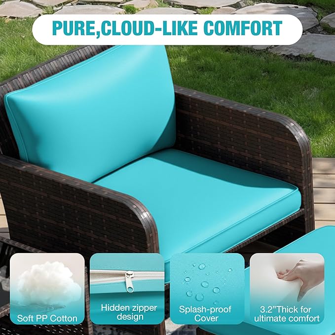 LEVELEVE Patio Conversation Set 5 Piece, Balcony Furniture Outdoor PE Rattan Wicker Lounge Chairs with Soft Cushions, 2 Ottomans & Glass Table for Porch Lawn, Brown (Lake Blue Cushions