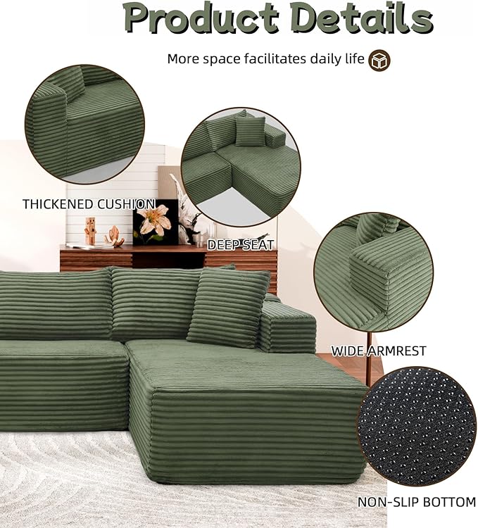 Cloud Sectional Couch, 105” Fluffy Modular L-Shape Sofa with Left Chaise Lounge, Modular Sectional Sofa in a Box, Boneless Couch for Living Room, No Assembly Required, Flannel Green