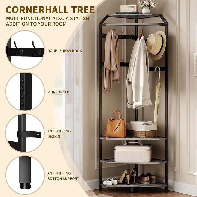 IDEALHOUSE Corner Coat Rack with Shoe Bench Entryway and 12 Double Hooks, Corner Hall Tree - Corner Clothes Rack with Storage Corner Tree with Organizer Shoe Bench Shelf for Entryway, Hallway, Closet - Image 6
