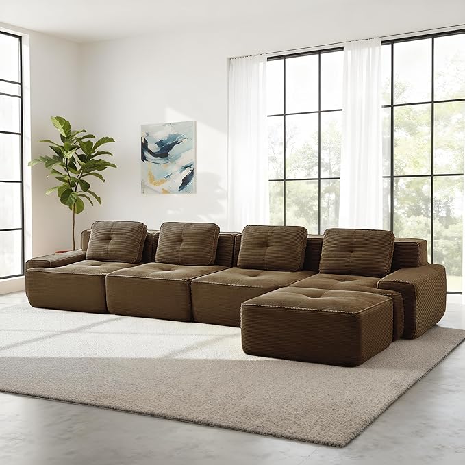 Casaphoria 150'' Corduroy Cloud Couch, 4-Seat L-Shaped Sectional Sofa with 4 Pillows & Ottoman for Living Room, Deep Seat Boneless Couch for Modern Apartment, No Assembly Required, Brown