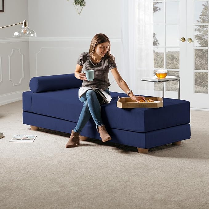Jaxx Alon Daybed - Fold-Out Sleeper Chaise with Premium Memory Foam Queen-Size Mattress - Made in The USA - Indigo