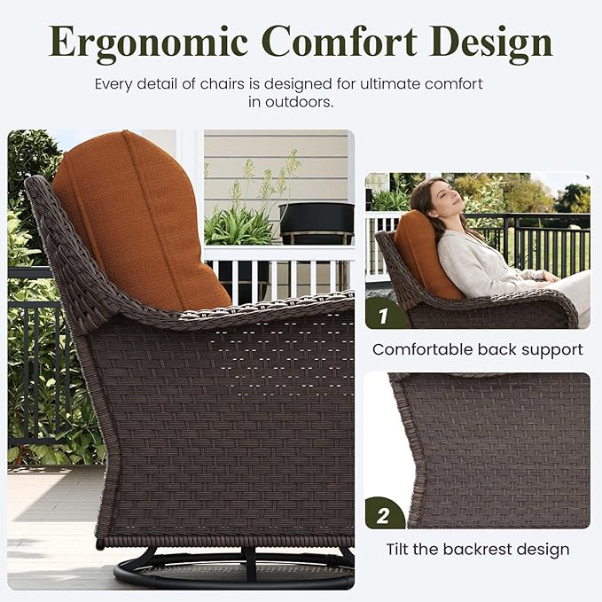 LayinSun 9 Piece Wicker Outdoor Furniture Set with 6-inch Comfy Cushions, High Back Patio Furniture Set with Swivel Rocking Chairs and Side Table
