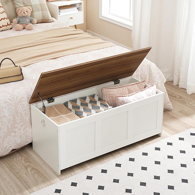 HOOBRO Storage Bench, 39.3" Retro Wooden Storage Chest, Wooden Storage Trunk, Toy Chest with Lift Top, Multifunctional Entryway Organizer, for Entryway, Living Room, White and Walnut WH141CW01 - Image 2